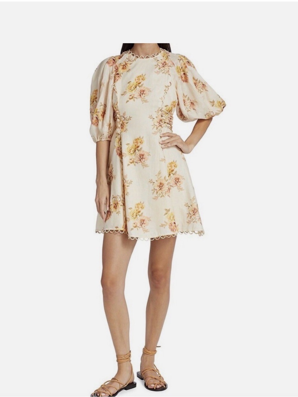 Zimmermann Cream Floral Puff-Sleeve Mini Dress